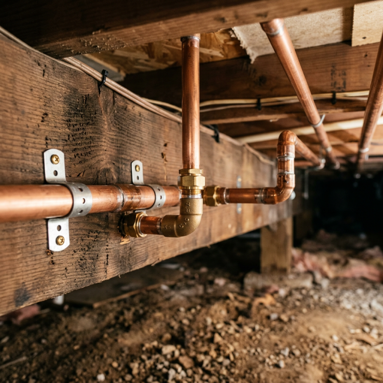 Copper water pipes with brass fittings in a residential utility area showing proper pipe strapping and connections