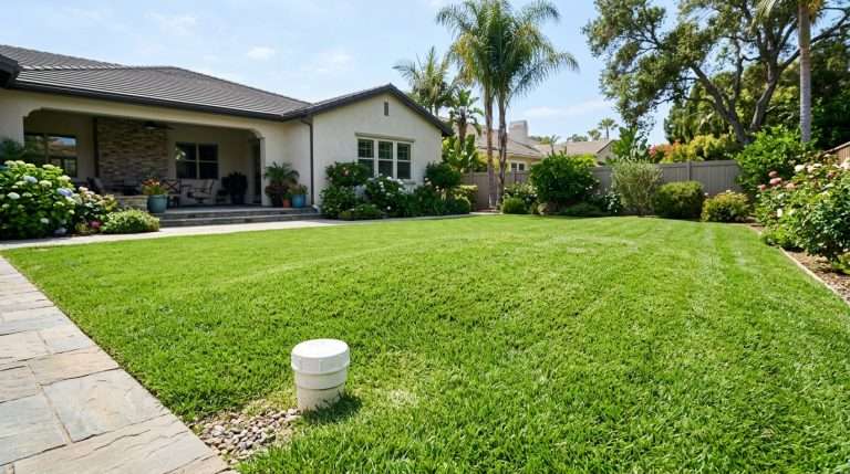 Residential backyard with green lawn over a septic leach bed drainage area