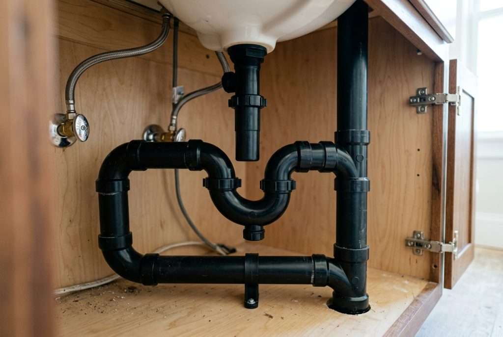 Black ABS plumbing drain pipes and fittings installed under a residential sink