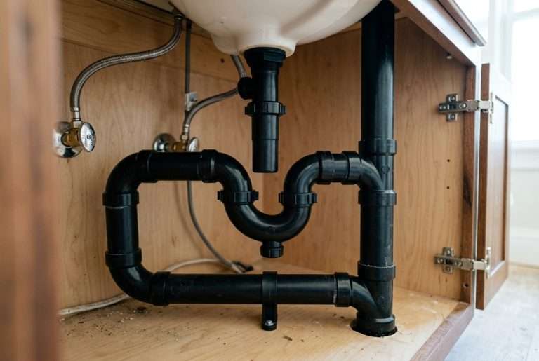 Black ABS plumbing drain pipes and fittings installed under a residential sink