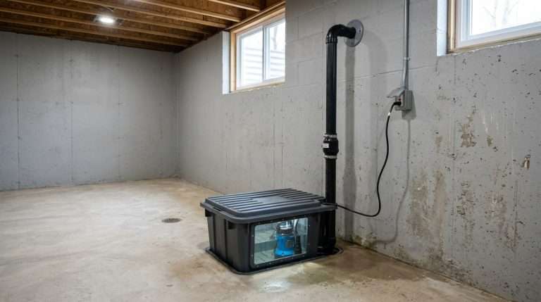 Sump pump installed in residential basement sump pit with discharge pipe