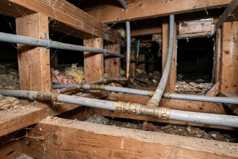 Gray polybutylene water supply pipes with brass crimp ring fittings in residential crawlspace