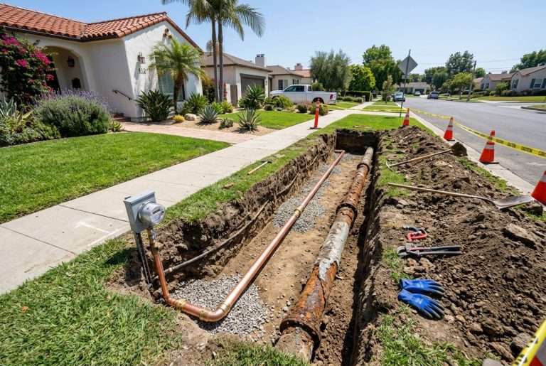 Main water line replacement trench with new copper pipe in a Southern California residential yard