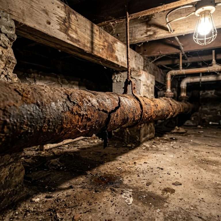 Corroded cast iron sewer pipe with visible crack in residential crawlspace