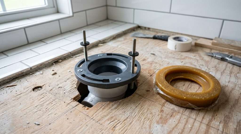 PVC toilet flange with closet bolts on bathroom subfloor during replacement