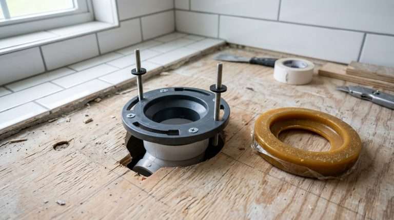 PVC toilet flange with closet bolts on bathroom subfloor during replacement
