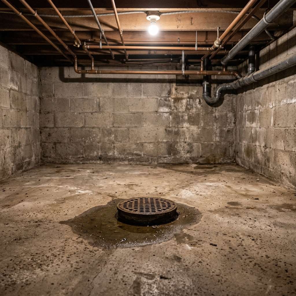Basement floor drain with water pooling, indicating a sewage backup