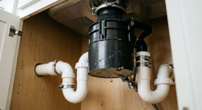 Garbage disposal leaking from the bottom under a kitchen sink