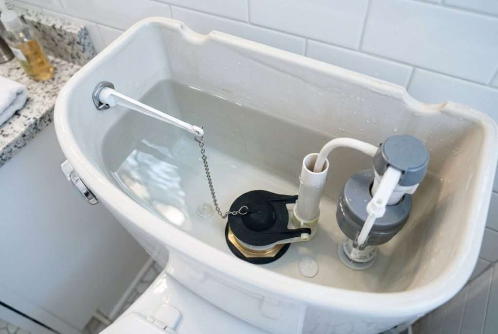 Open toilet tank showing rubber flapper valve and flush mechanism