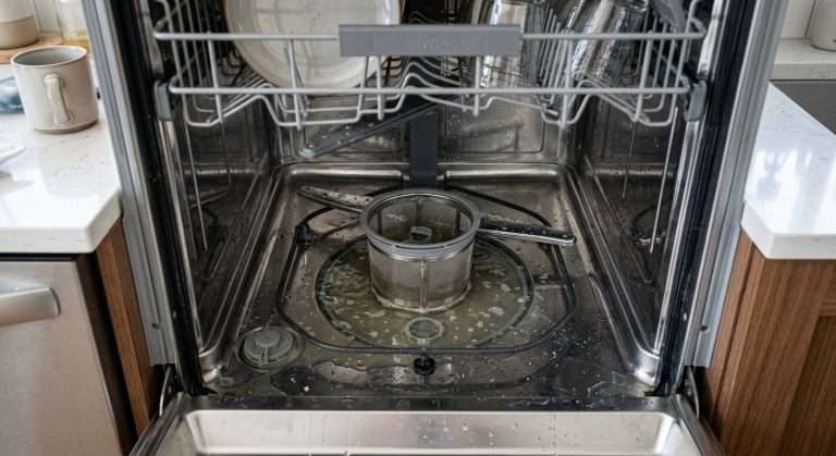 Dishwasher not draining with standing water around the filter at the bottom of the tub