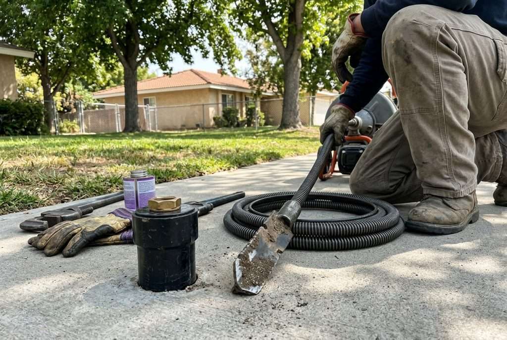 Sewer cleanout and rooter cable tools on a Southern California residential driveway