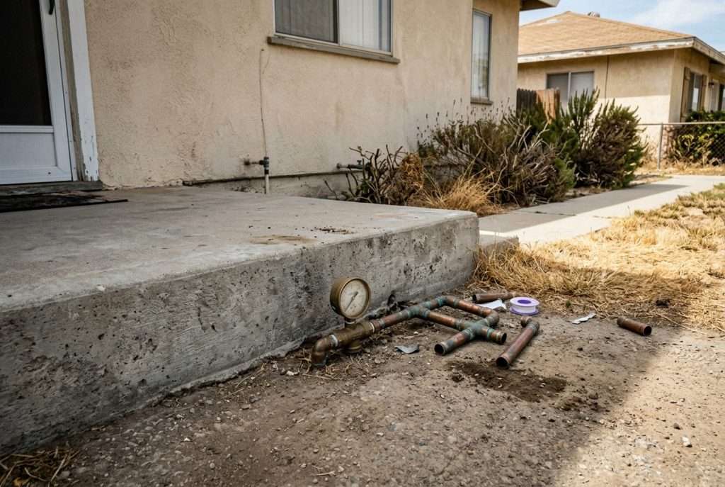 Concrete slab foundation edge with copper pipe fittings and pressure gauge