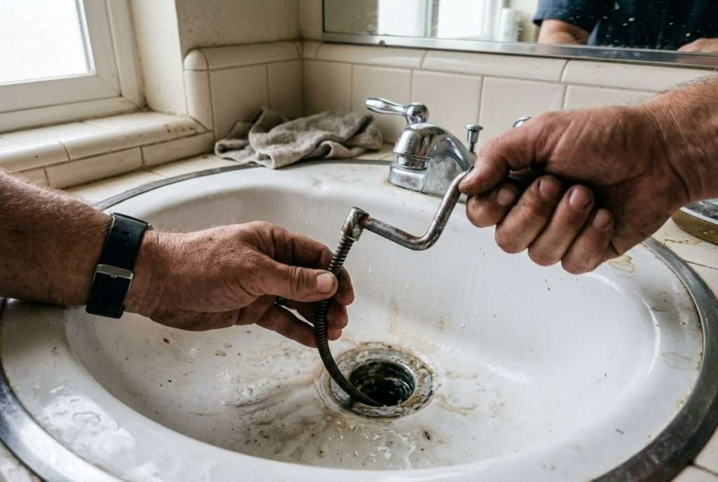 Hands using a drain snake to clear a slow bathroom sink drain