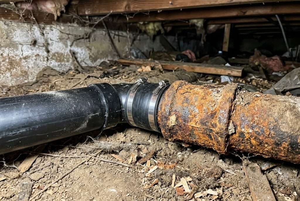 Black ABS plastic pipe next to old corroded cast iron sewer pipe