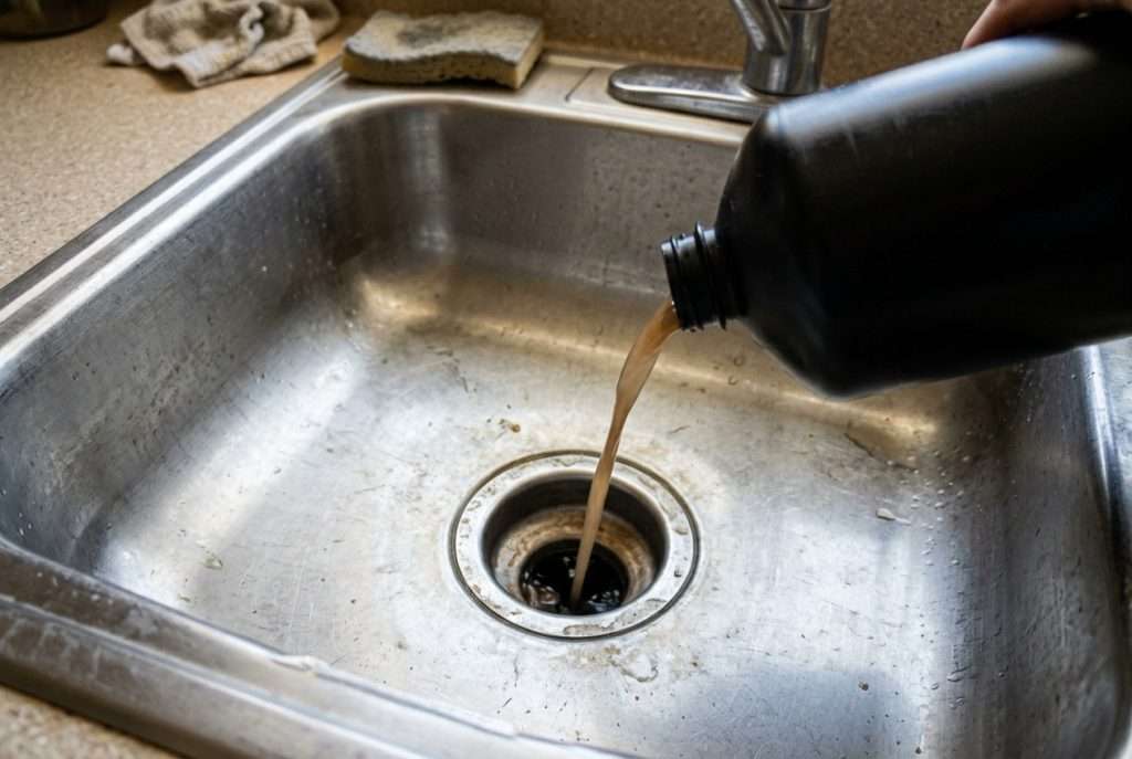 Liquid drain cleaner being poured into a kitchen sink drain