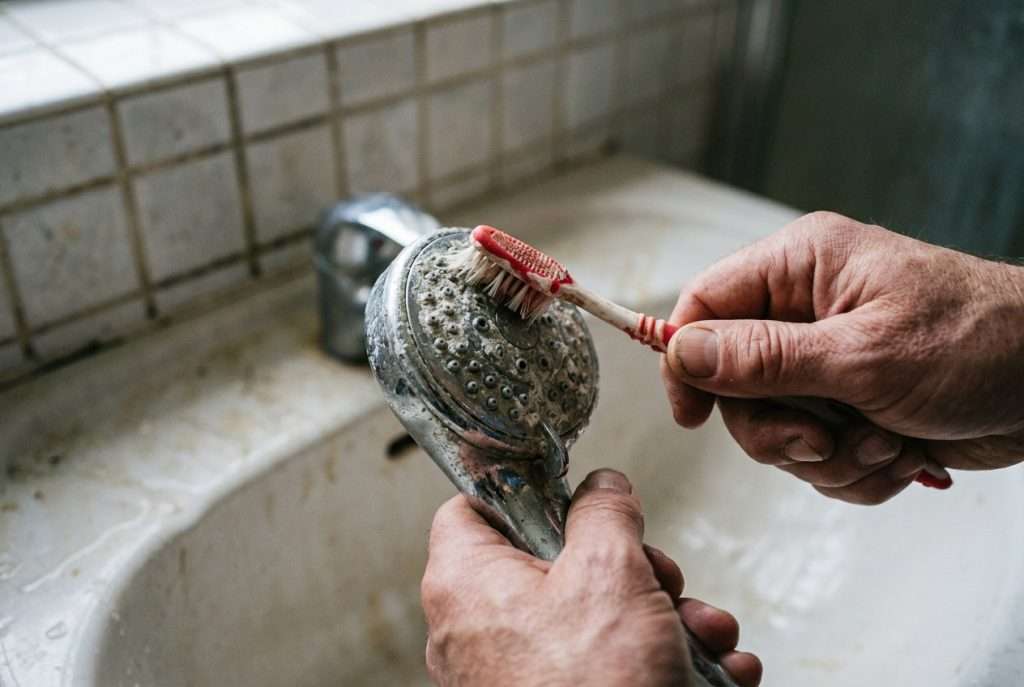 Hands cleaning mineral scale off a chrome showerhead with a toothbrush
