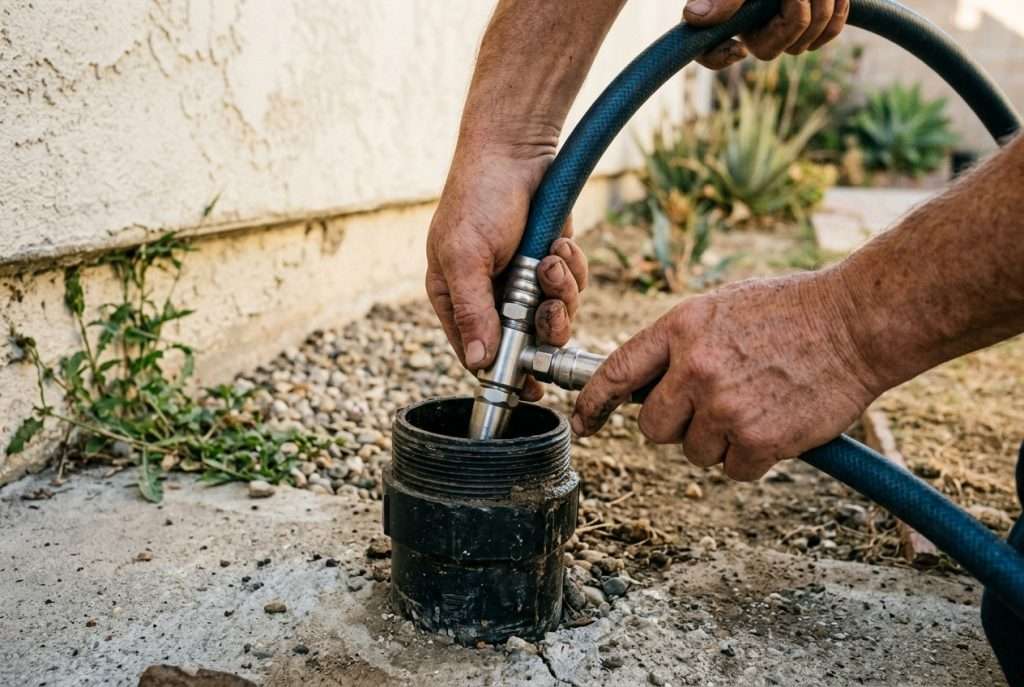 Hydro jetting hose nozzle inserted into a residential sewer cleanout pipe