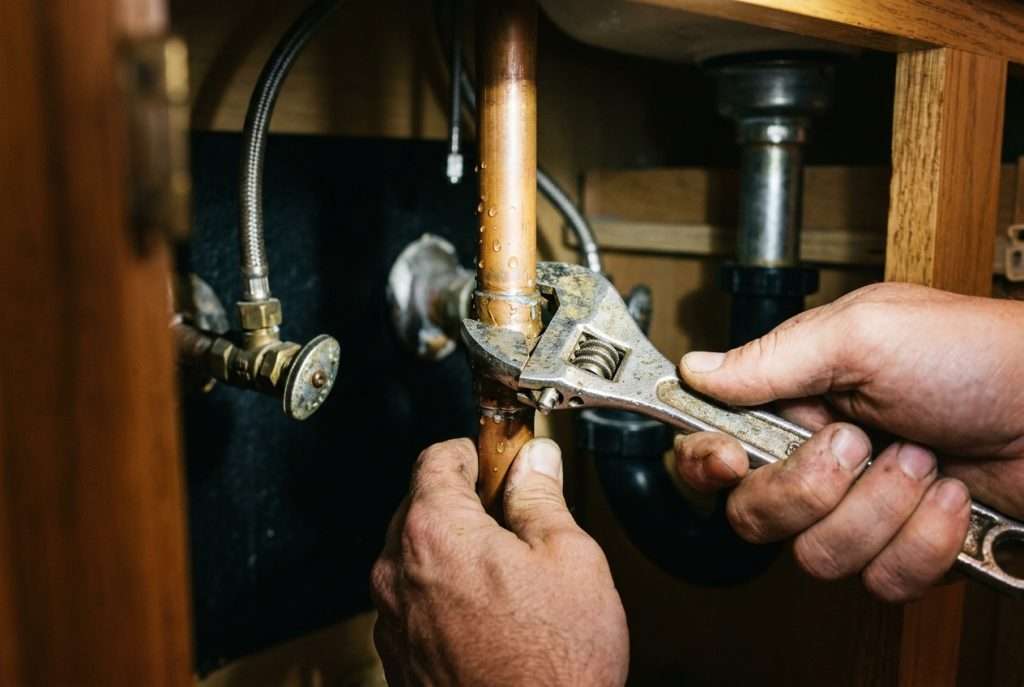 Wrench tightening a leaking copper pipe fitting under a bathroom sink