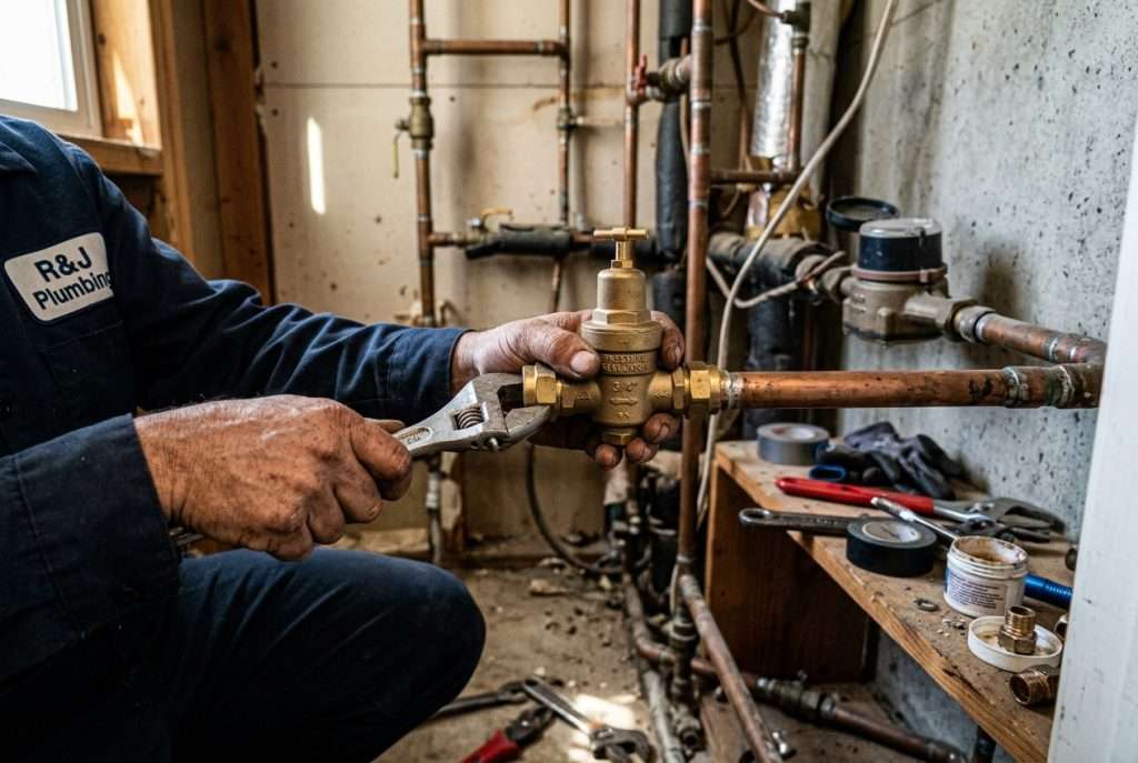 Plumber installing a brass water pressure regulator valve on a copper pipe