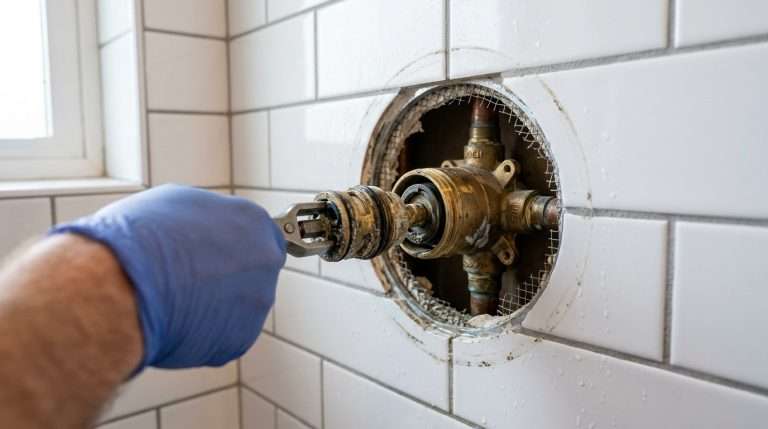 Shower valve cartridge being removed from brass valve body inside tiled bathroom wall