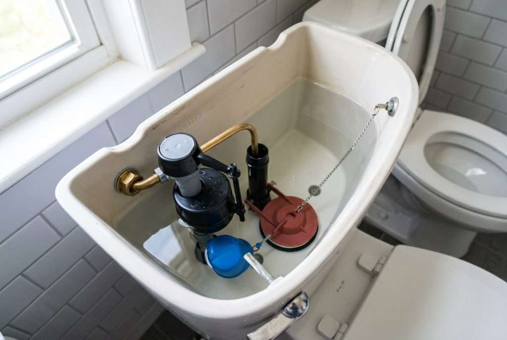 Open toilet tank showing fill valve and flapper assembly