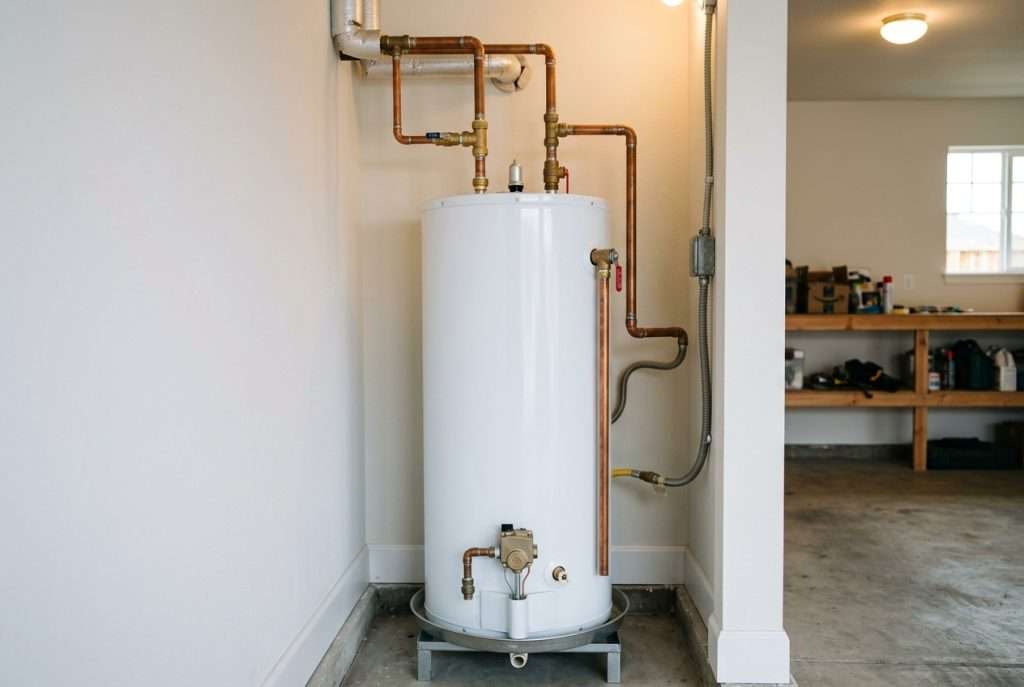 Residential water heater in utility closet with copper pipe connections