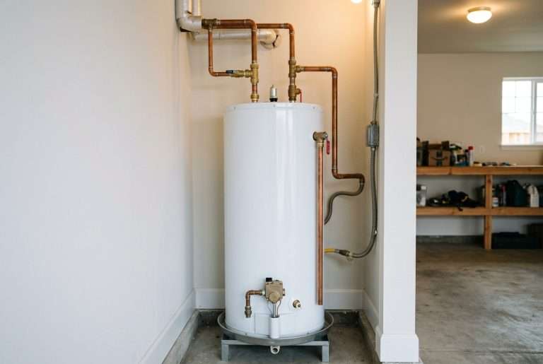 Residential water heater in utility closet with copper pipe connections