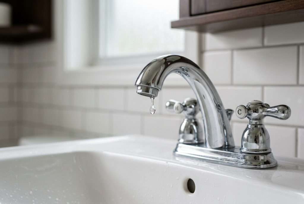 Chrome bathroom sink faucet dripping water into white porcelain basin