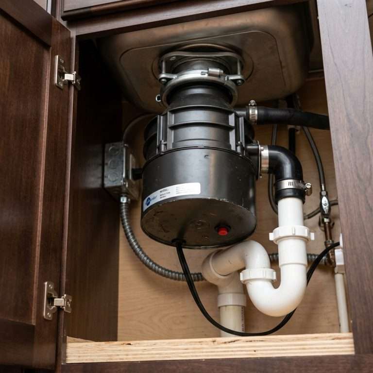 Underside of a garbage disposal showing the red reset button