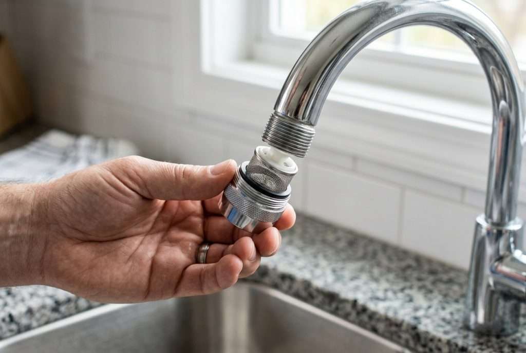 Close-up of a chrome faucet aerator being removed from a kitchen faucet spout