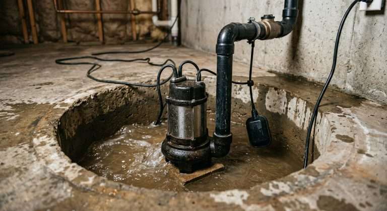 Sump pump running in residential sump pit with float switch and discharge pipe